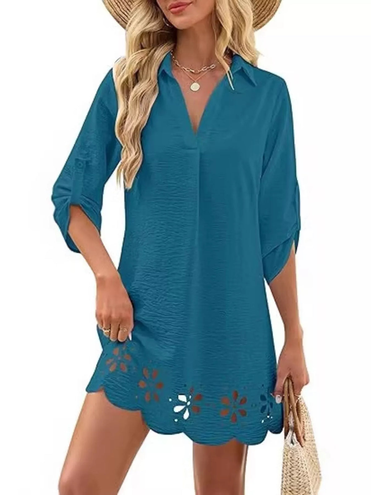Trendsi Scalloped Eyelet Hem Roll-Up Sleeve Dress -