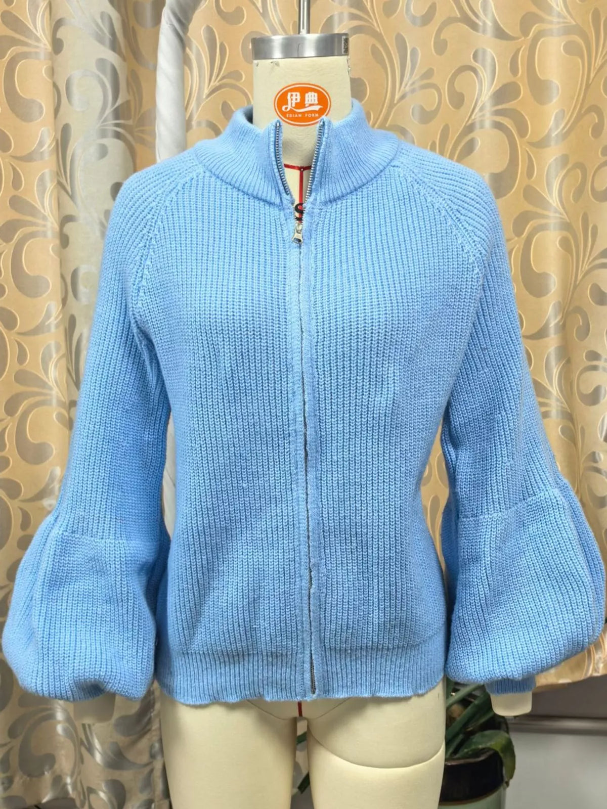 Sky Blue ribbed knit zip-up lantern sleeve cardigan