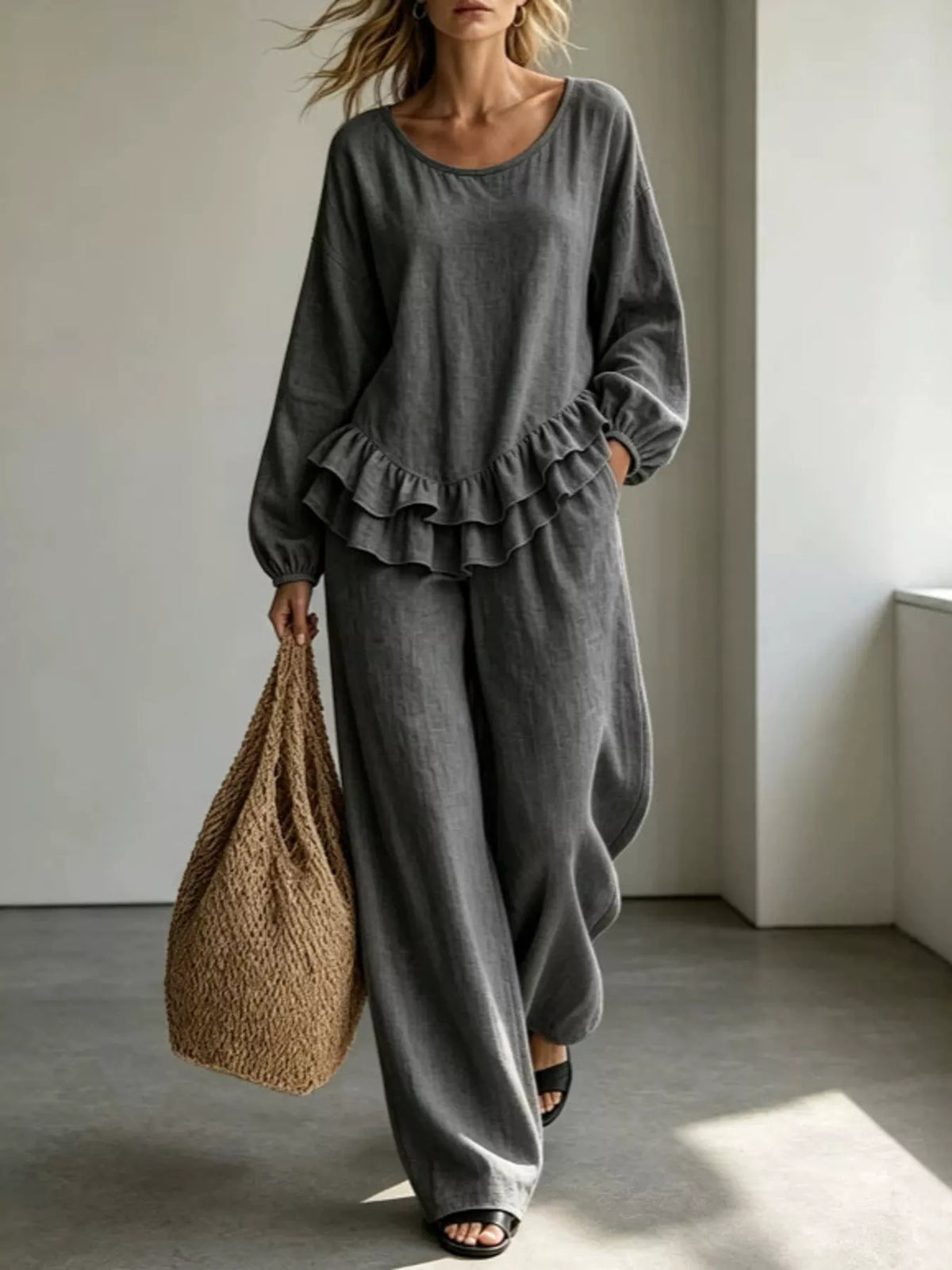 Ruffled Hem Long Sleeve Top and Pants Set — front view