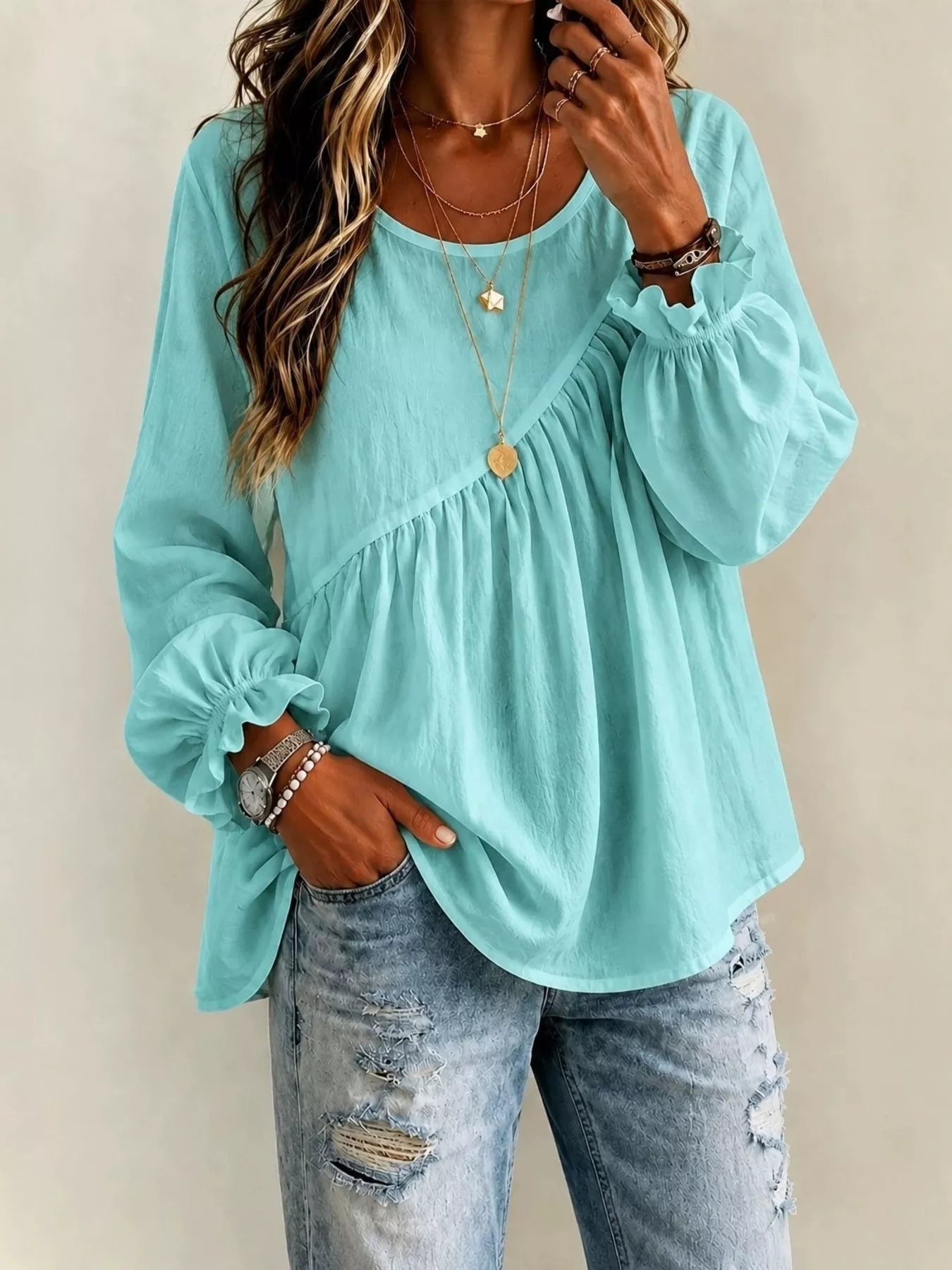 Trendsi Long Sleeve Blouse with Asymmetric Pleated Detail -