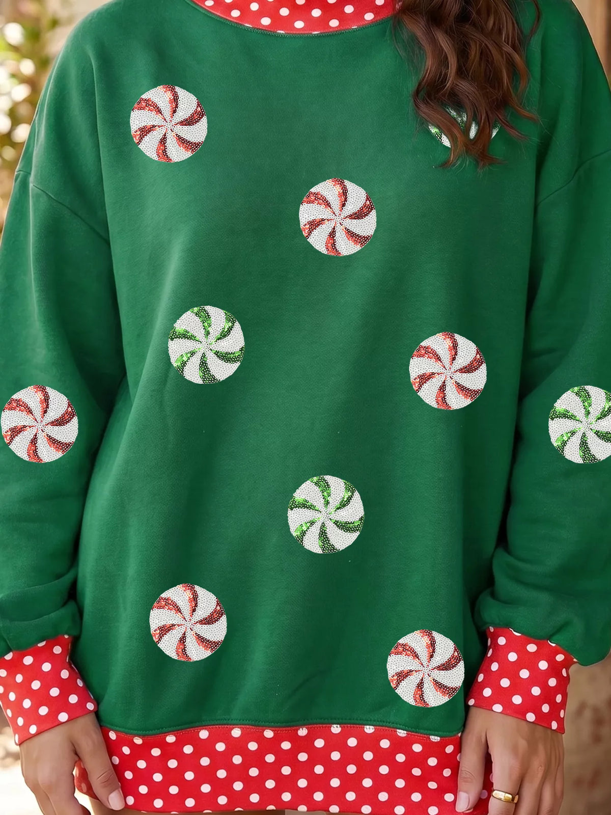 Dark Green christmas peppermint sequin sweatshirt