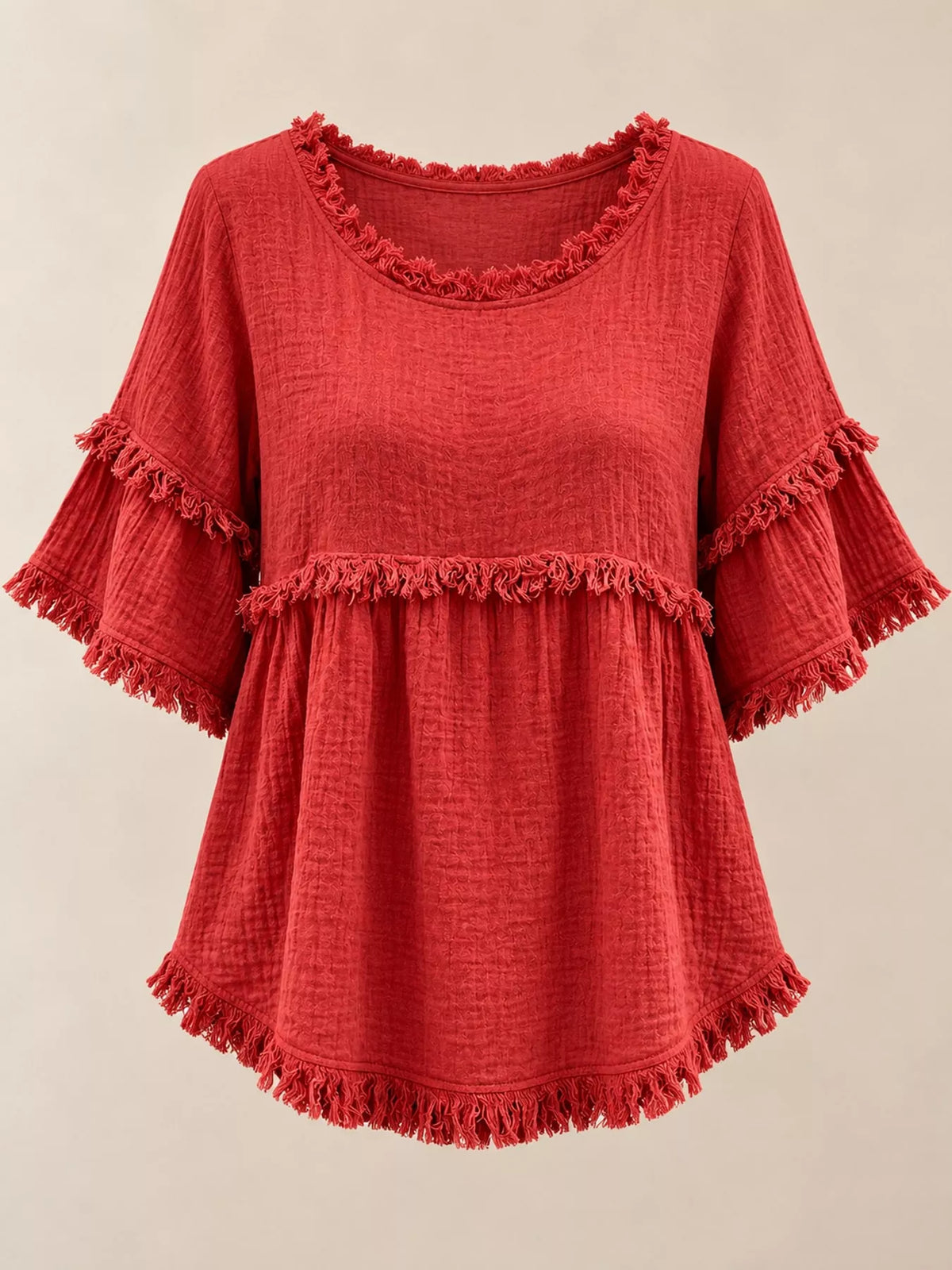 Red frayed edge textured blouse