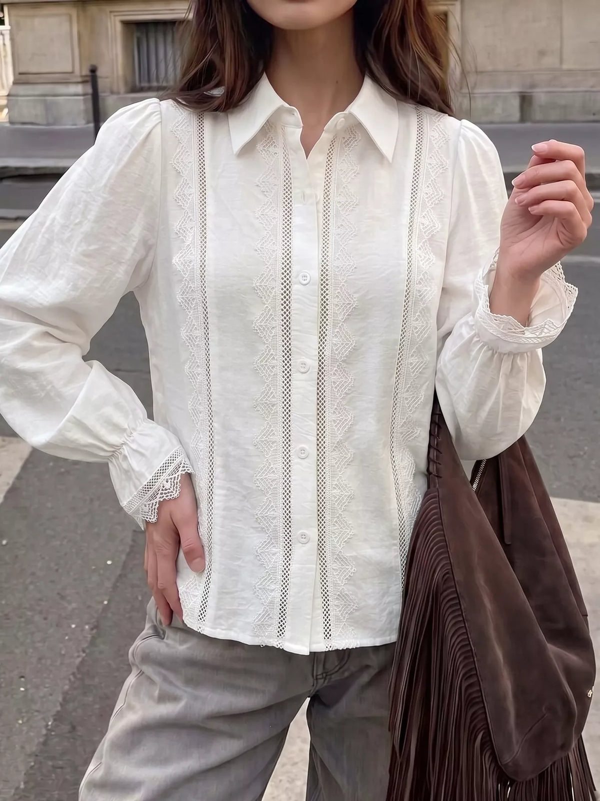 White lace-trimmed button-down shirt, front view