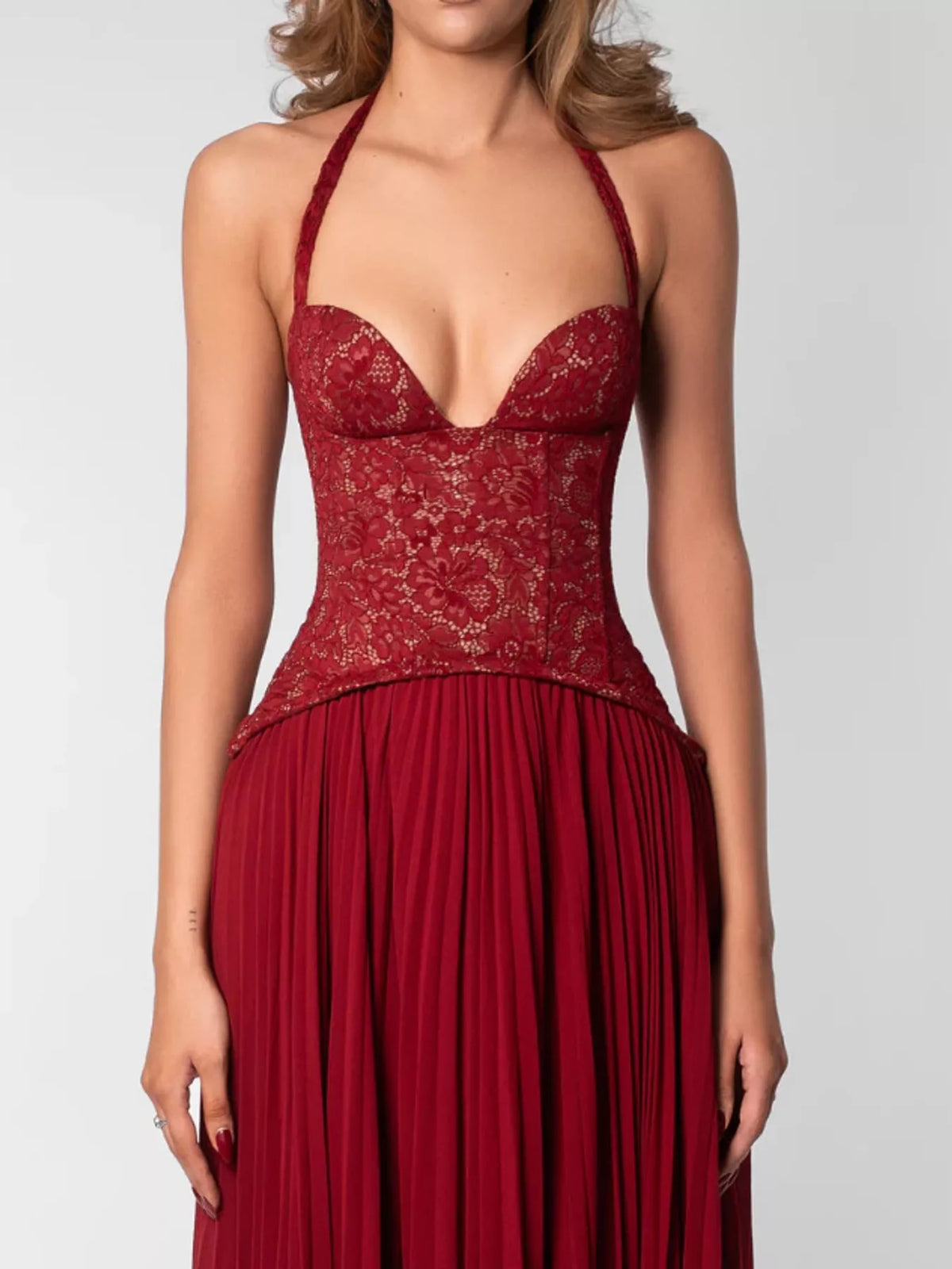 Lace Halter Neck Pleated Maxi Dress — construction details