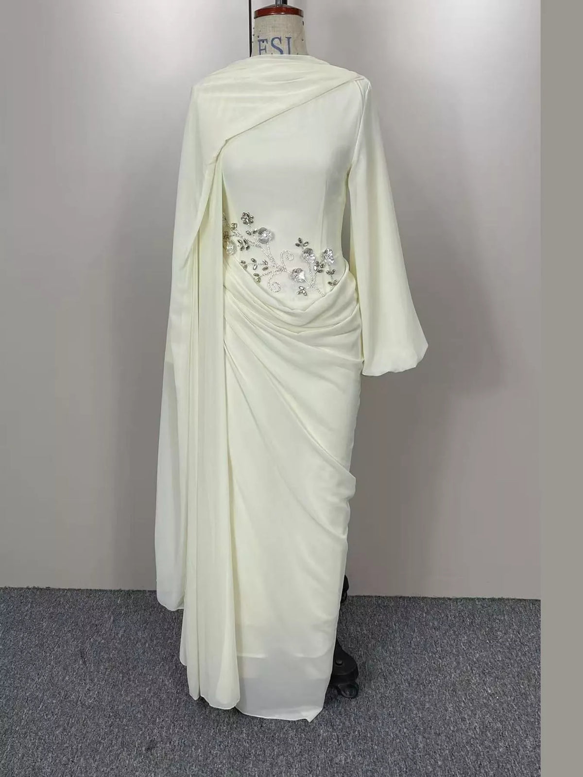 Cream floral detail long sleeve maxi dress, front view