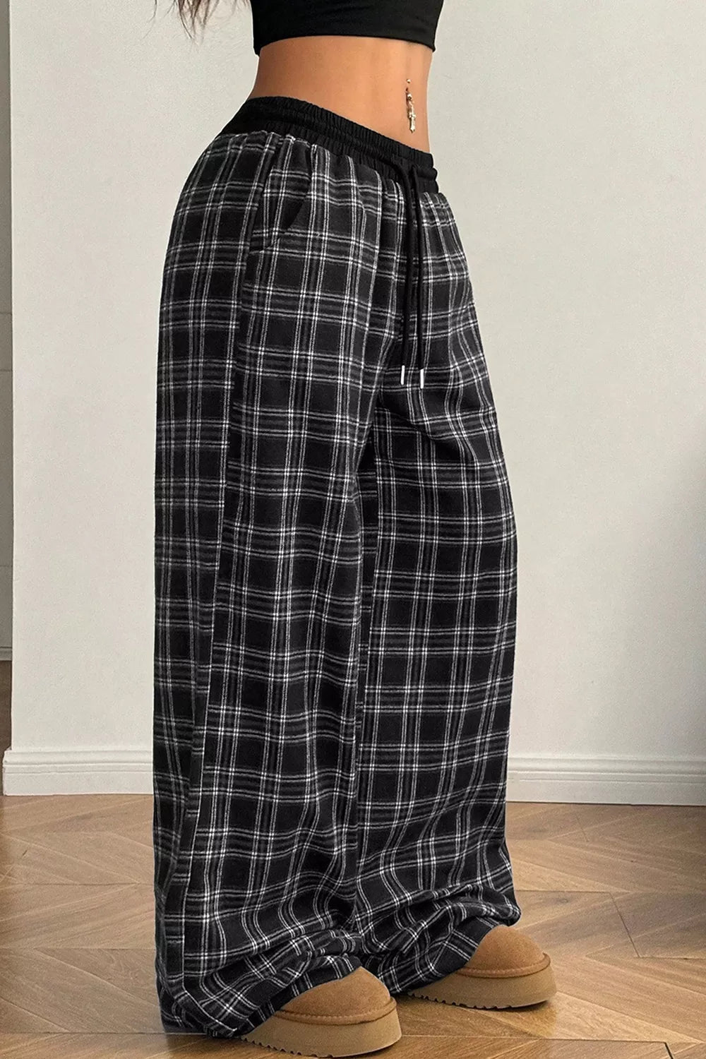 Trendsi Plaid Wide-Leg Drawstring Pants -