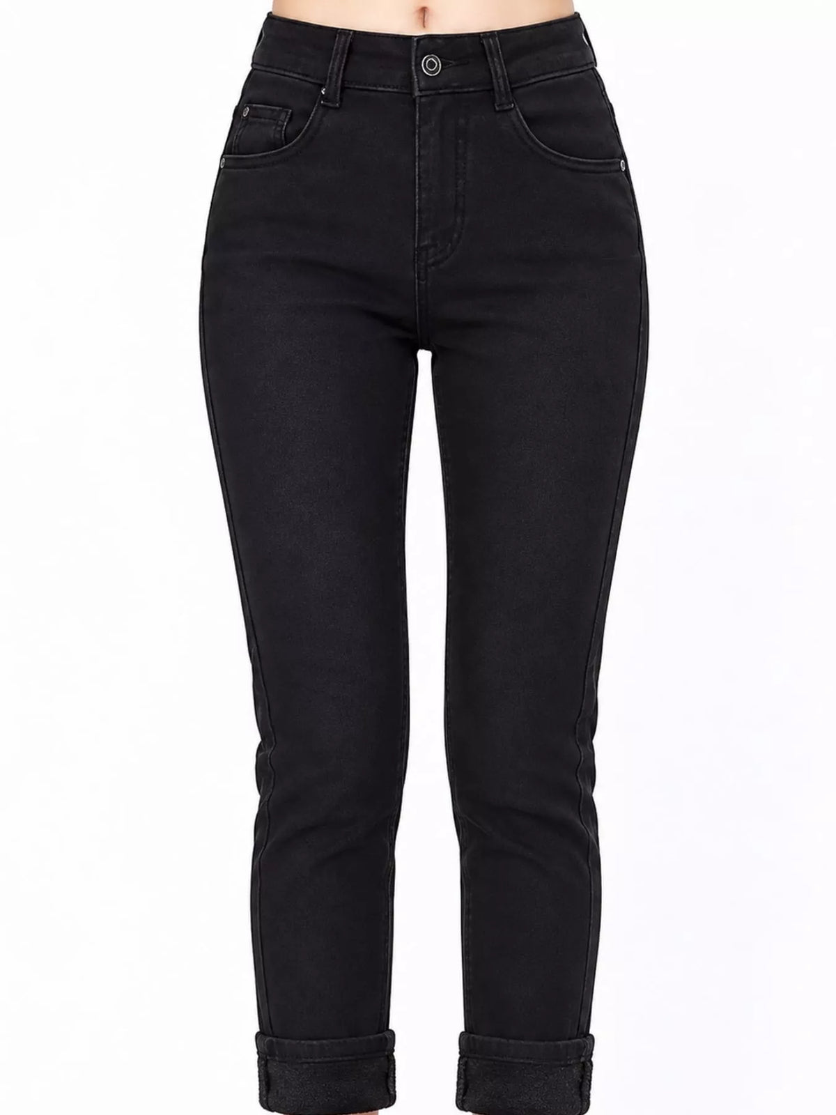 High-Waisted Slim-Fit Stretch Fleece Jeans — front view