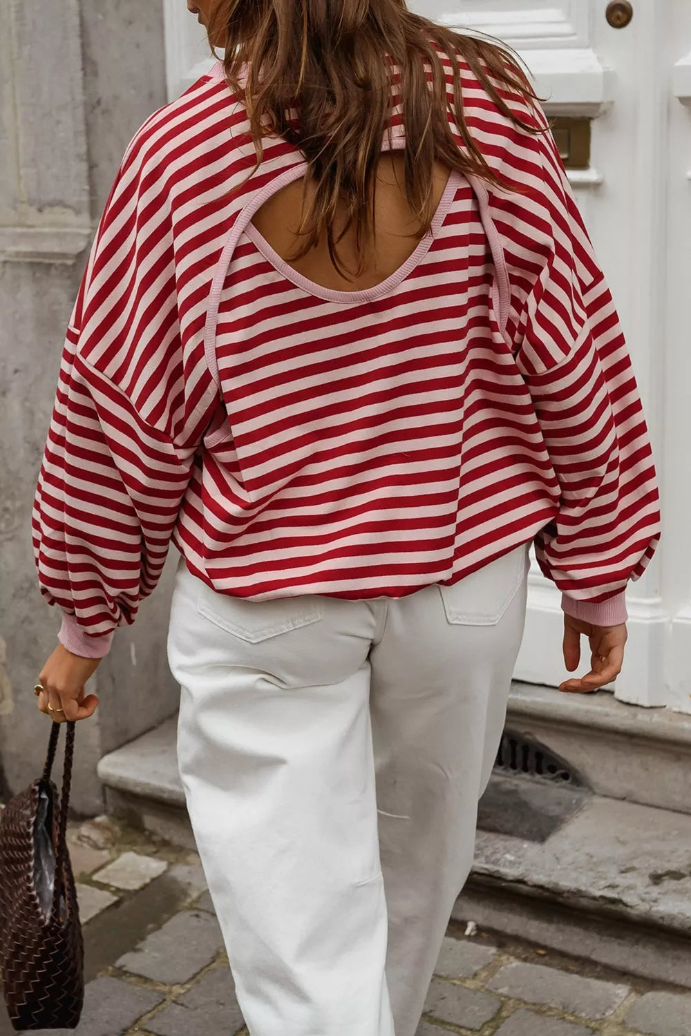 Trendsi Cutout Back Striped Round Neck Sweatshirt -