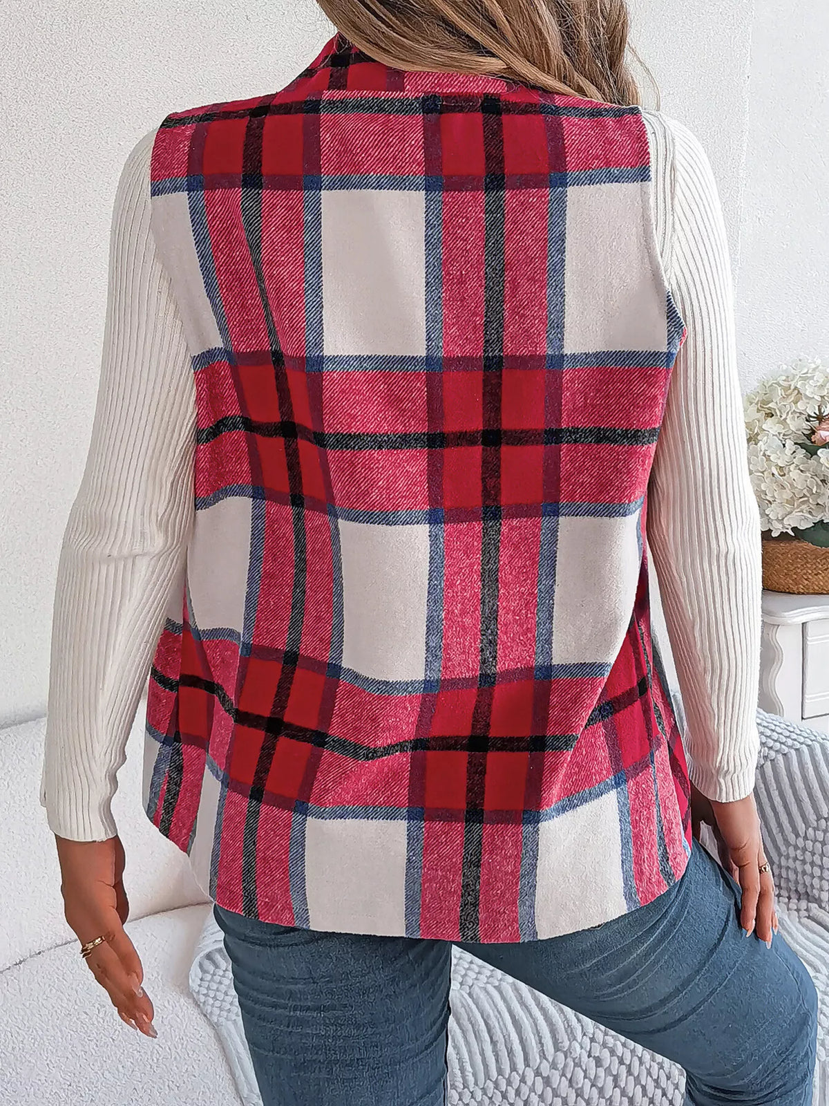 Red plaid open front vest, back view