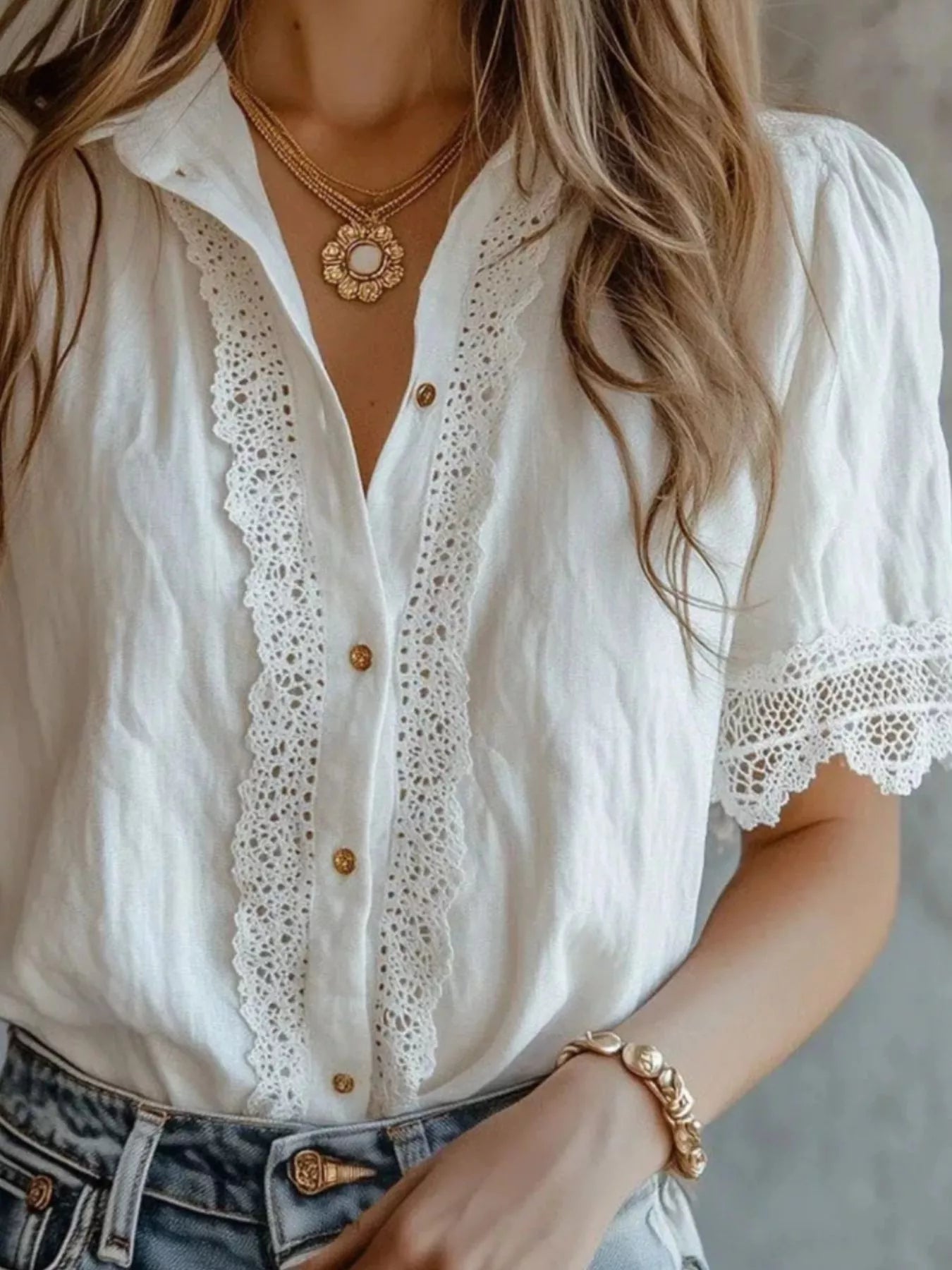 Trendsi Lace-Trimmed Short Sleeve Button-Down Shirt -