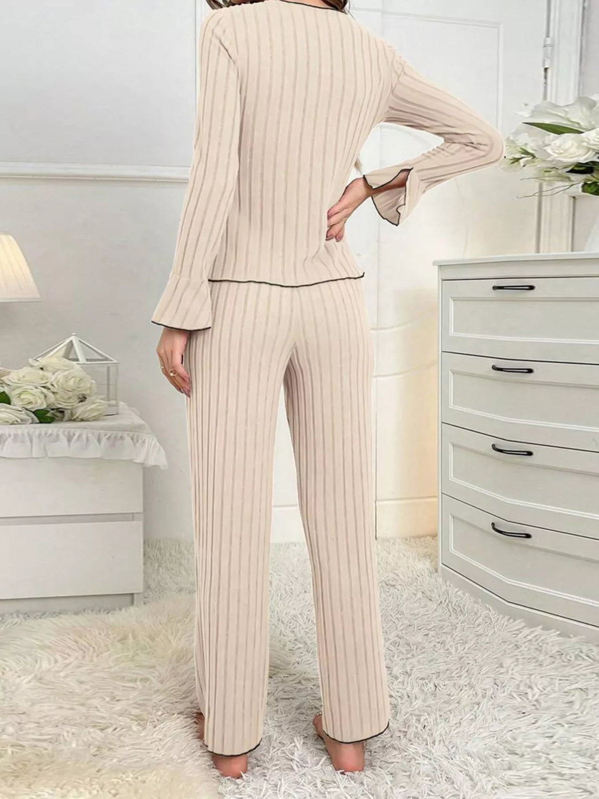 Women's Contrast Bow Detail Top and Pants Lounge Set in Off-white, back view