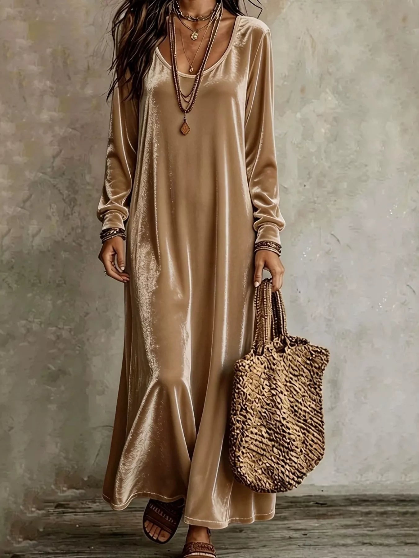 Trendsi Velvet Maxi Dress with Flowy Hem -