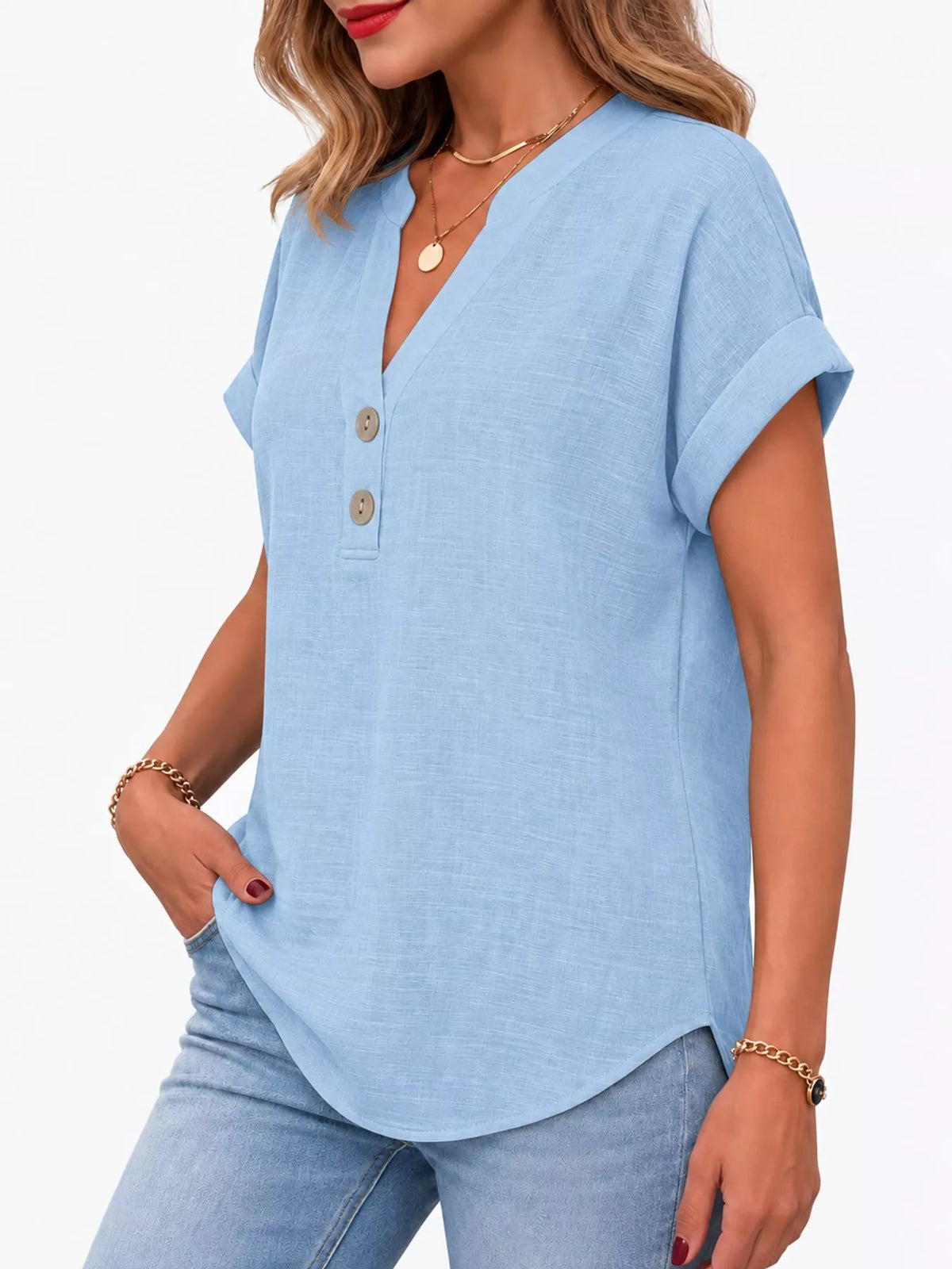Light blue button detail short sleeve blouse, side view