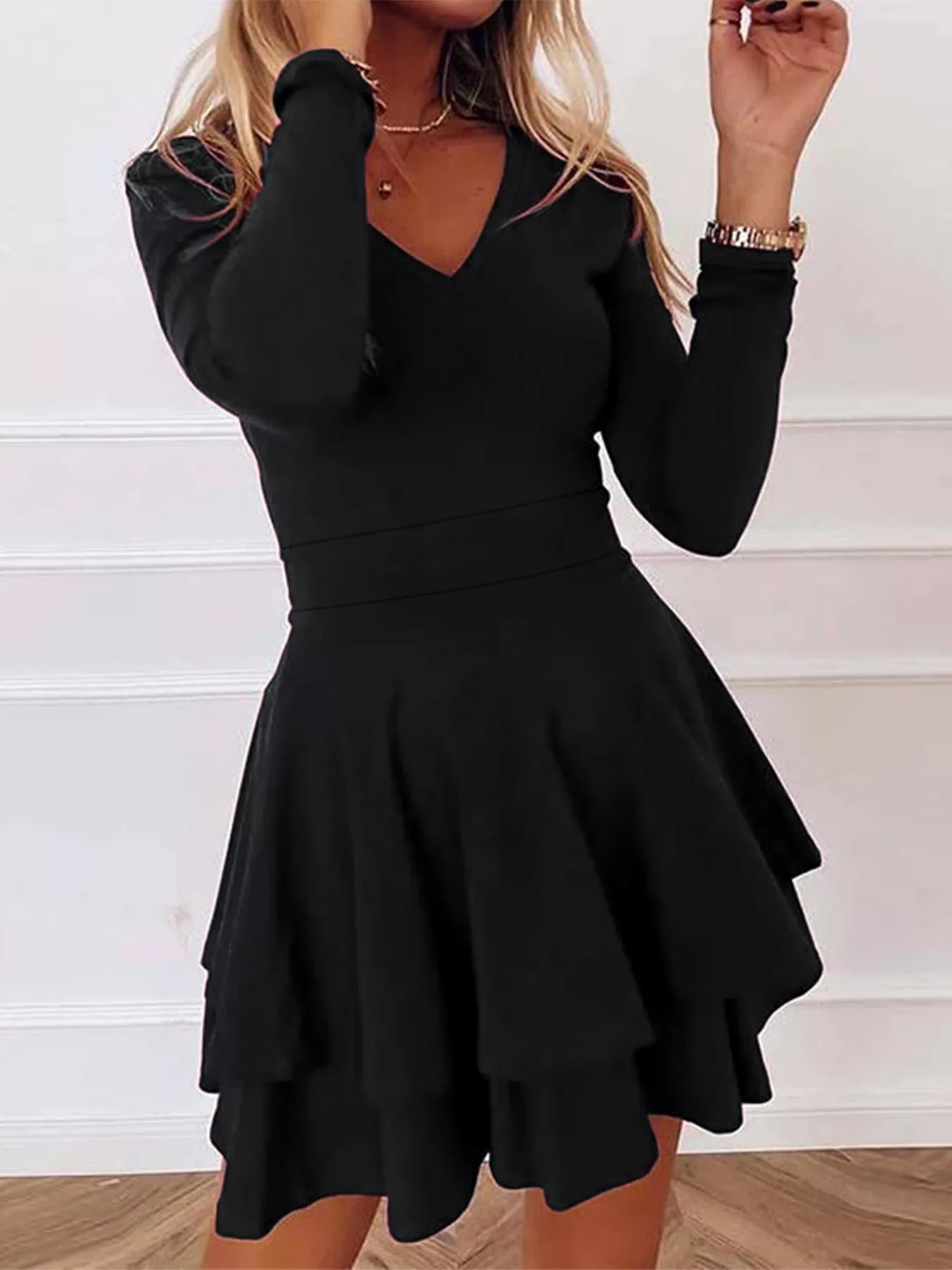 Trendsi V-Neck Long Sleeve Layered Ruffle Mini Dress -