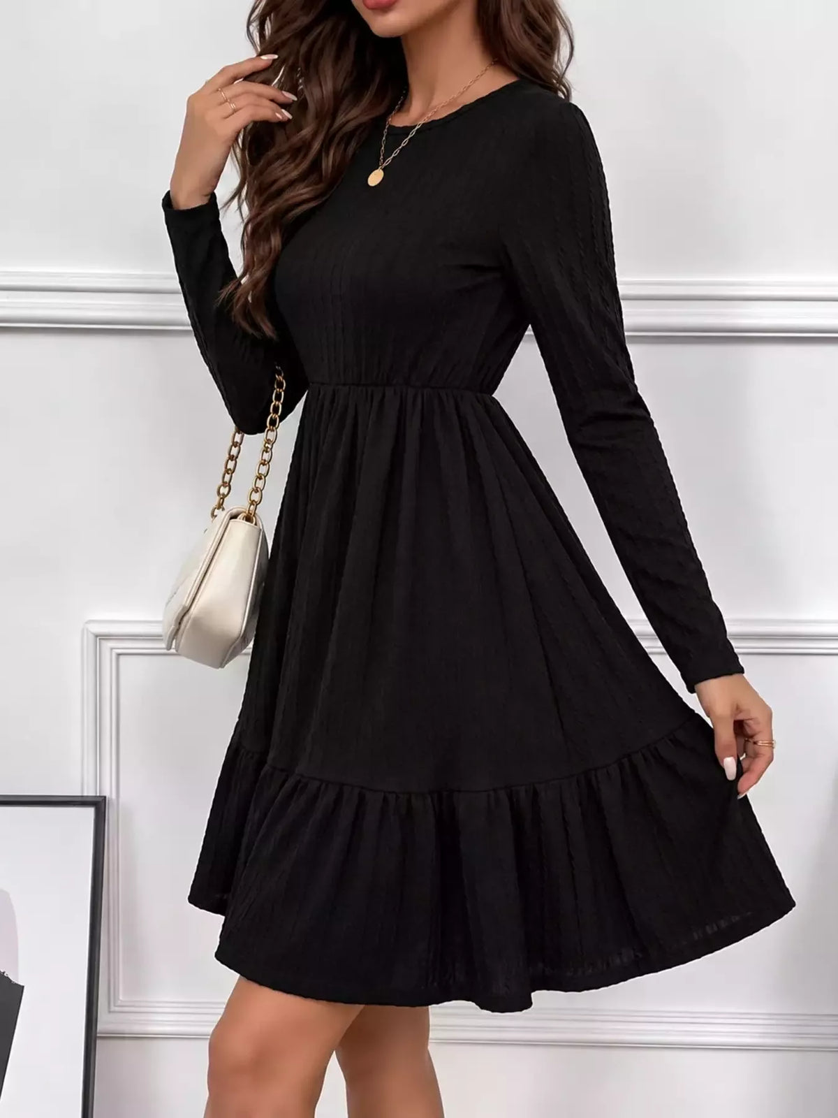 Long Sleeve Ruffle Hem Mini Dress in black