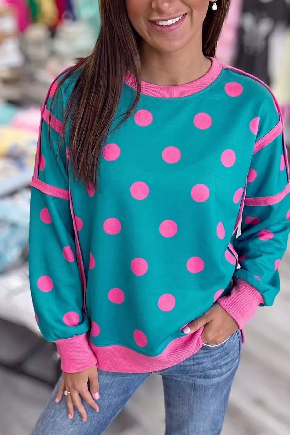 Trendsi Polka Dot Contrast Patchwork Round Neck Baggy Sweatshirt -