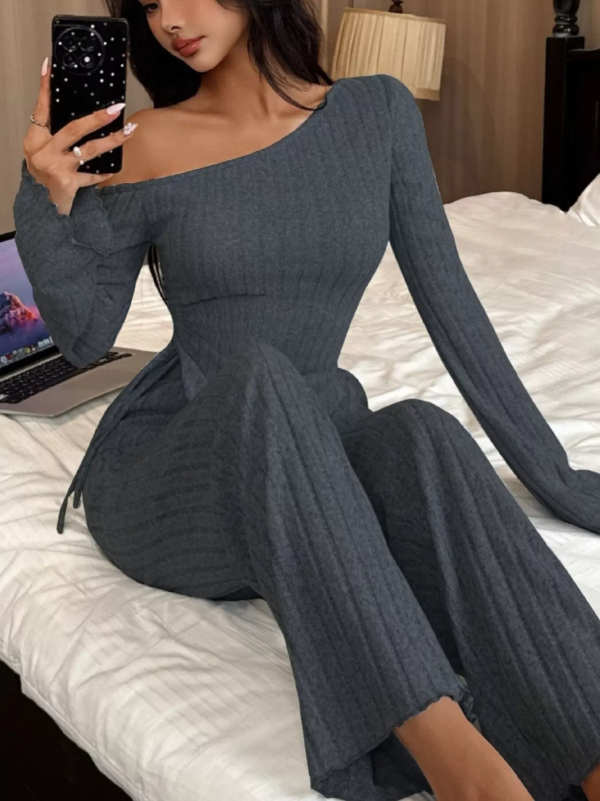 Trendsi One-Shoulder Ribbed Knit Top and Pants Set -