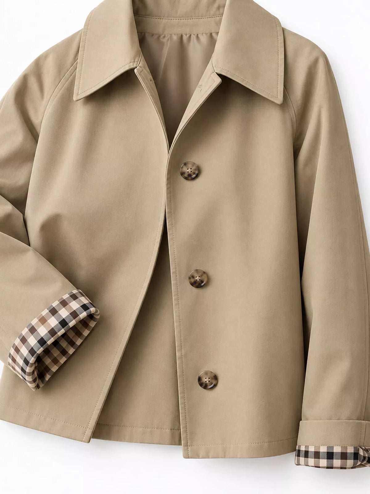 Cropped trench jacket, khaki plaid cuff detail
