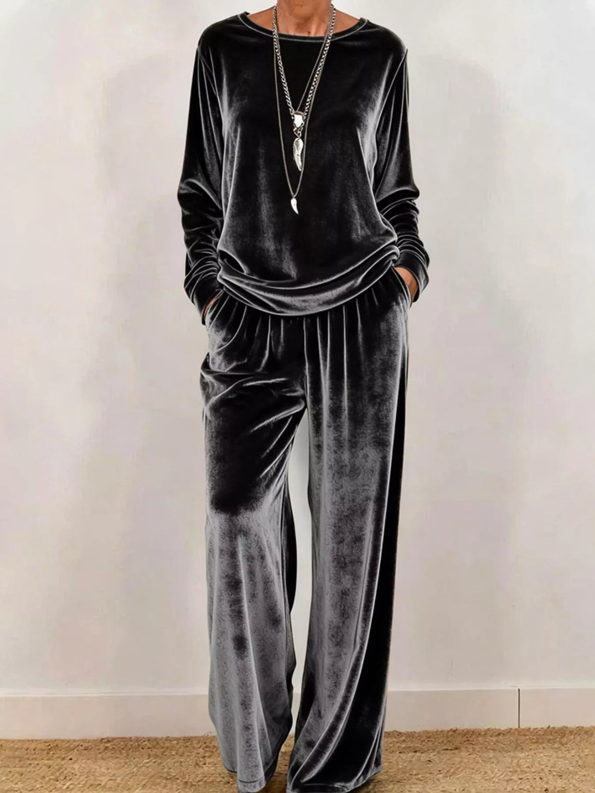 Velvet Long Sleeve Top and Wide-Leg Pants Set — front view