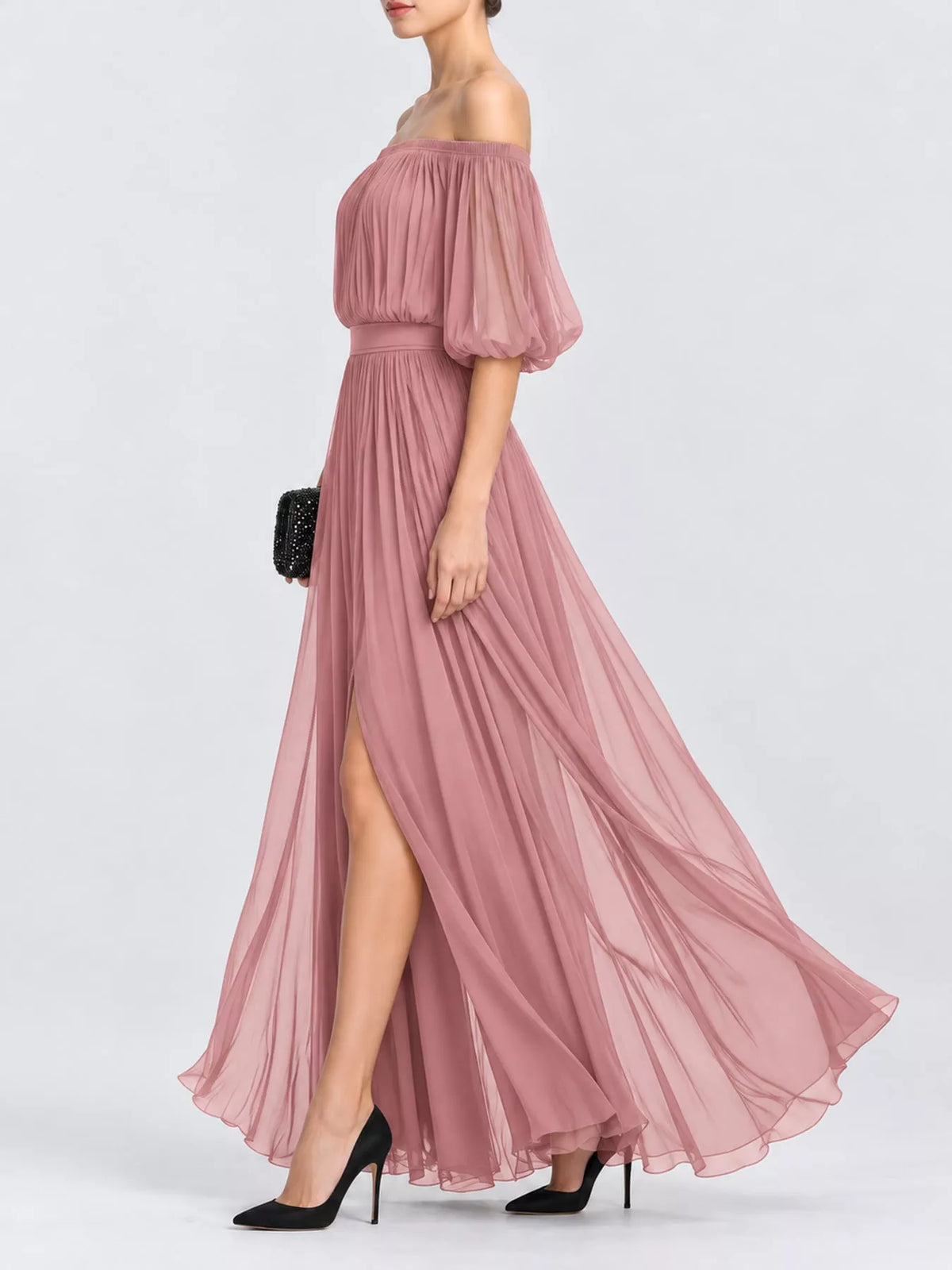 Pink off shoulder ruched chiffon maxi dress, side view