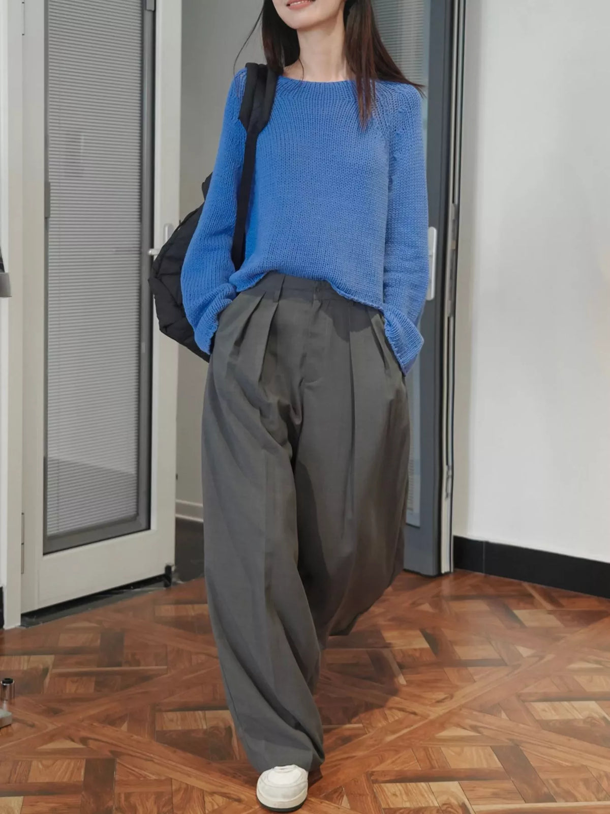 Women's High-Waisted Pleated Wide-Leg Pants in gray — front view