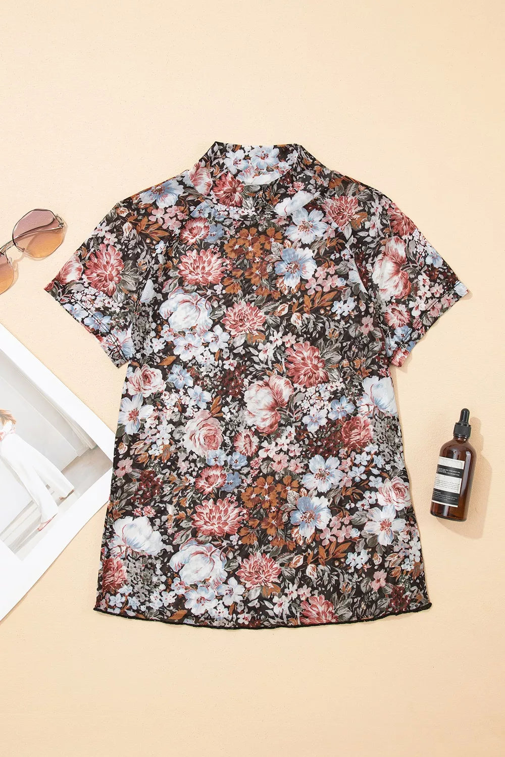 Trendsi Floral Print Mock Neck Sheer Mesh Top -