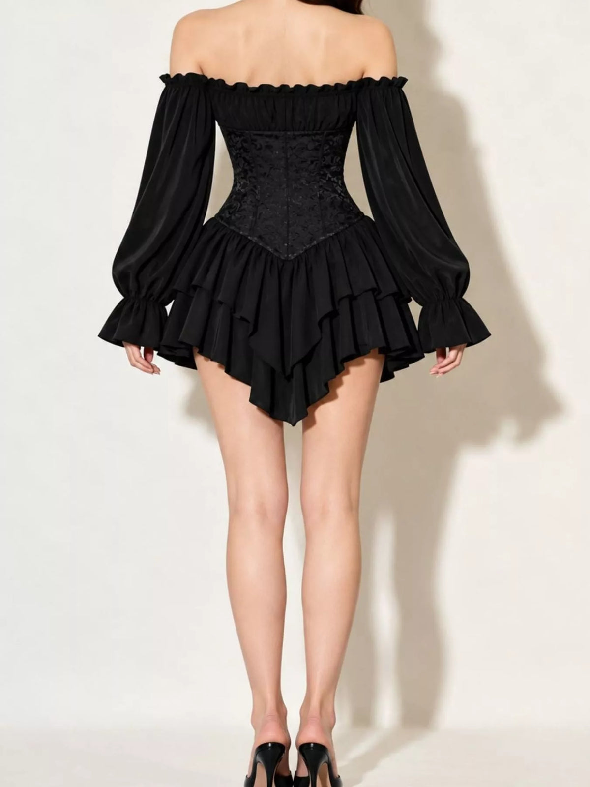 Off-Shoulder Corset Style Ruffle Hem Mini Dress, back view in black