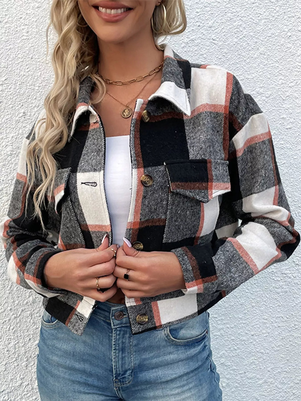 Plaid cropped jacket, black plaid button front