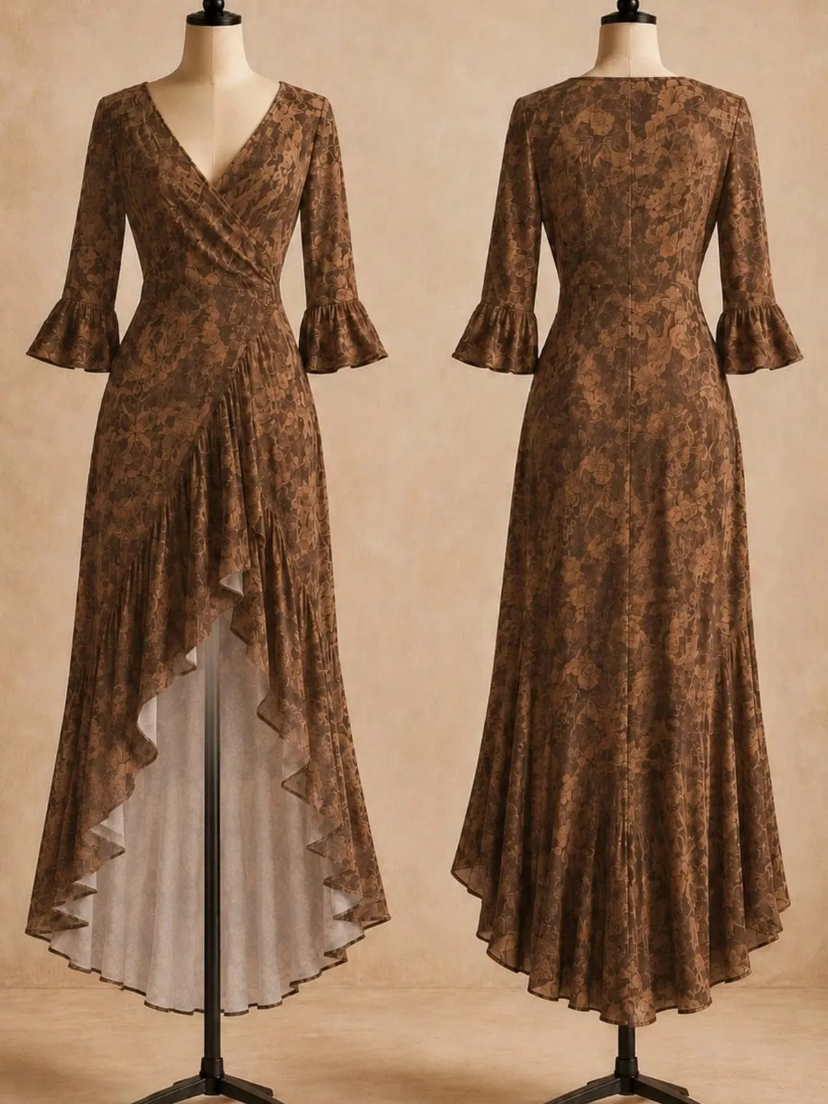 High-low maxi dress, brown mannequin front and back