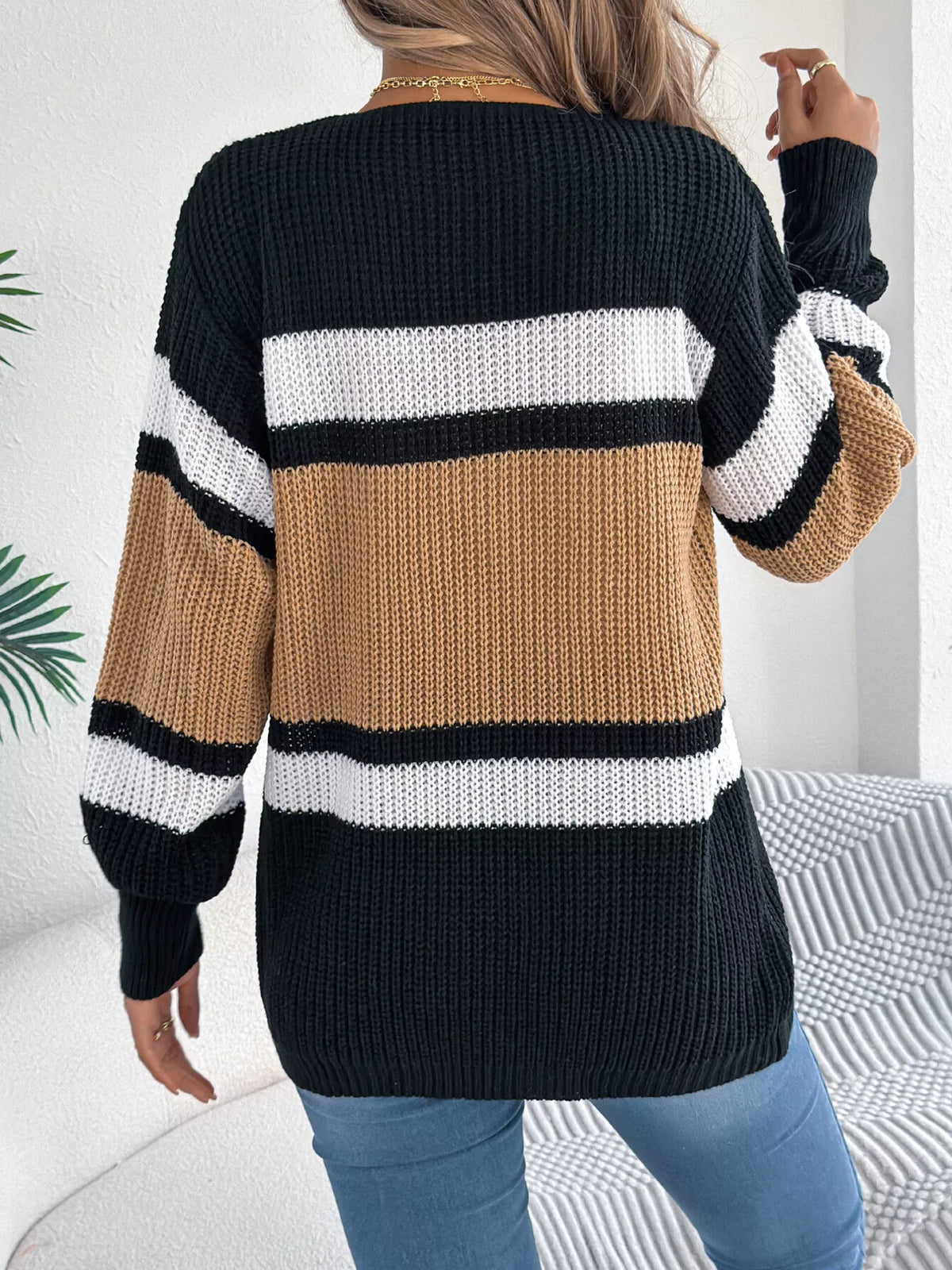 Khaki Color color block open front knit cardigan, back view