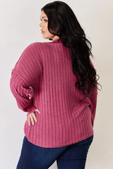 Trendsi Basic Bae Full Size Ribbed Half Button Long Sleeve High-Low T-Shirt - Pants