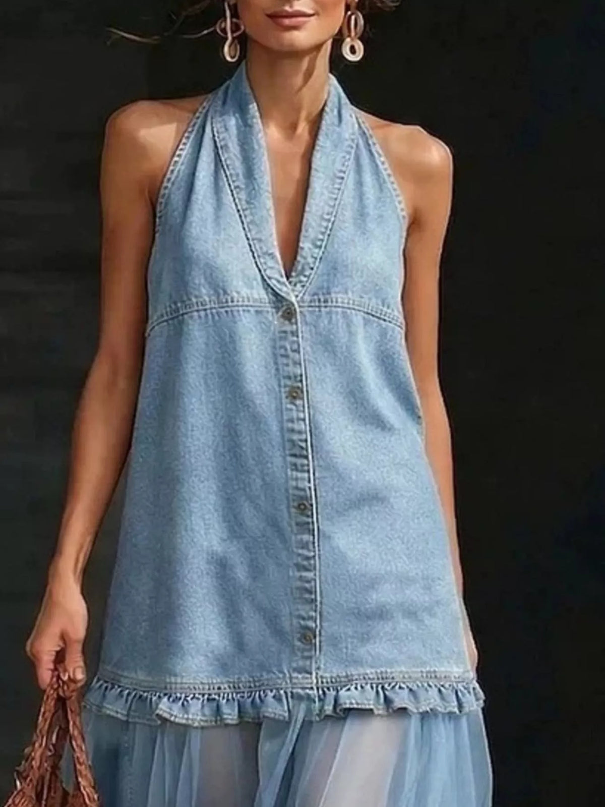 Light Blue Denim-Look Mesh Ruffle-Hem Maxi Dress bodice detail