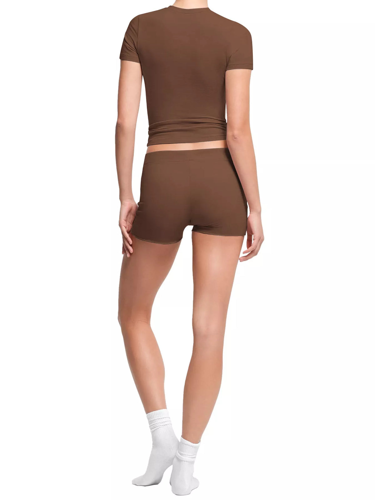 Brown crop top and drawstring shorts set, back view