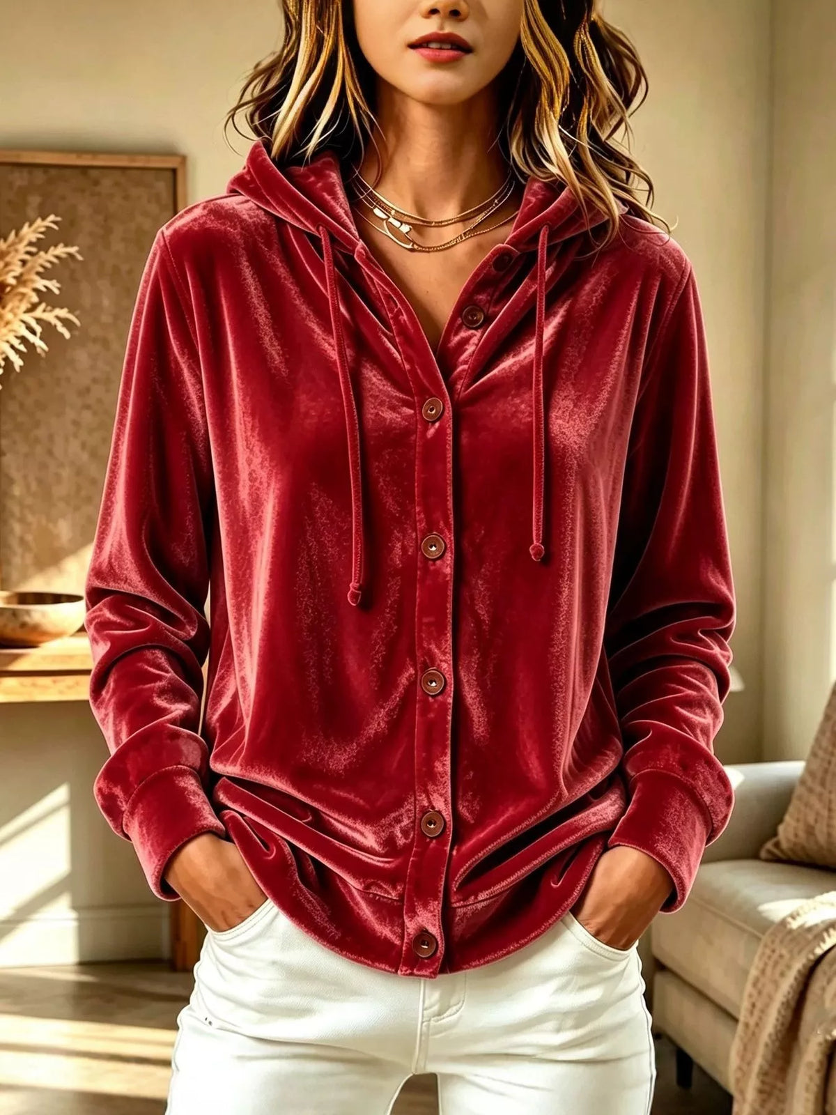 Burgundy velvet button-front hooded top