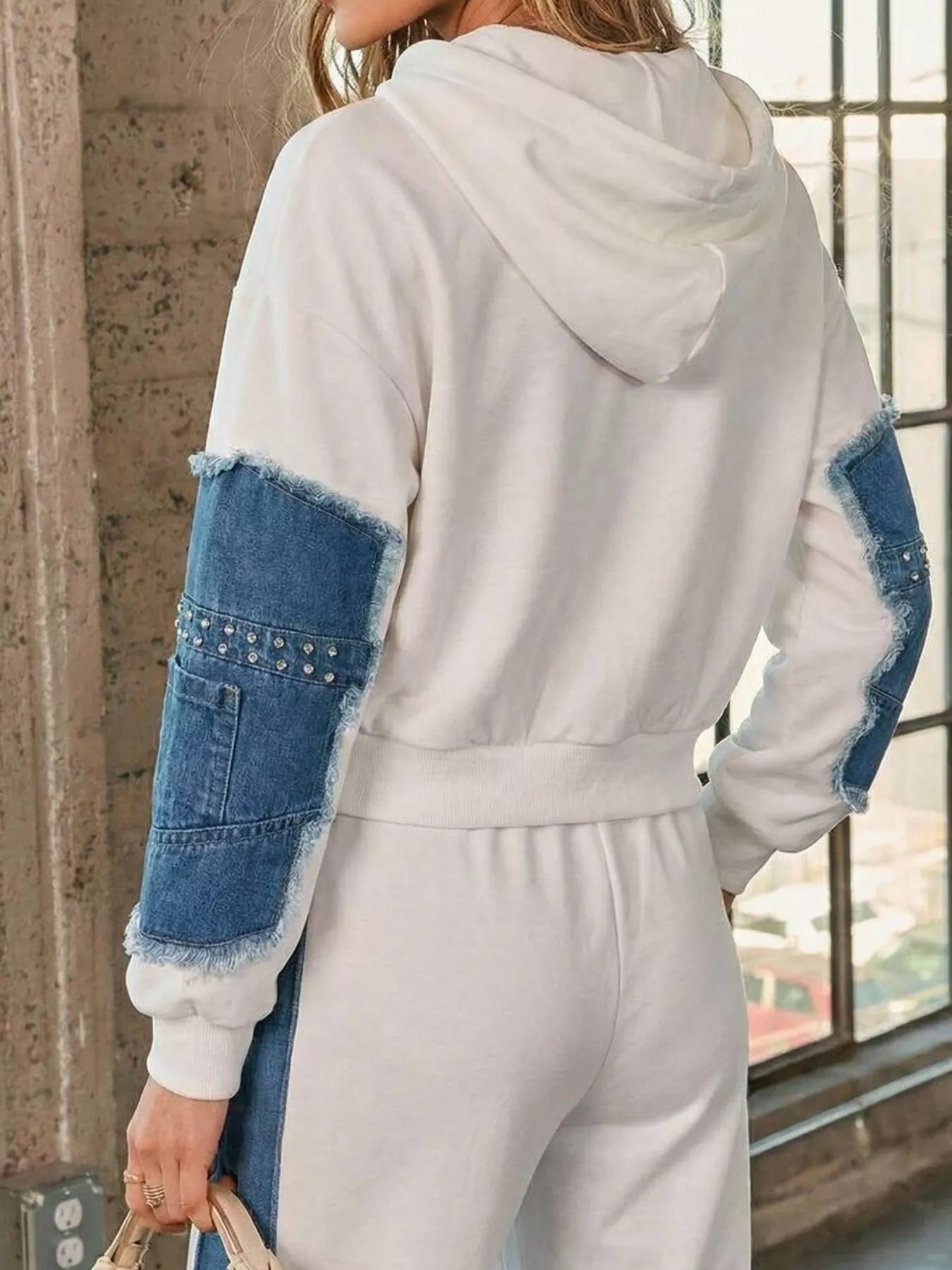 Studded denim patchwork hoodie and joggers set
