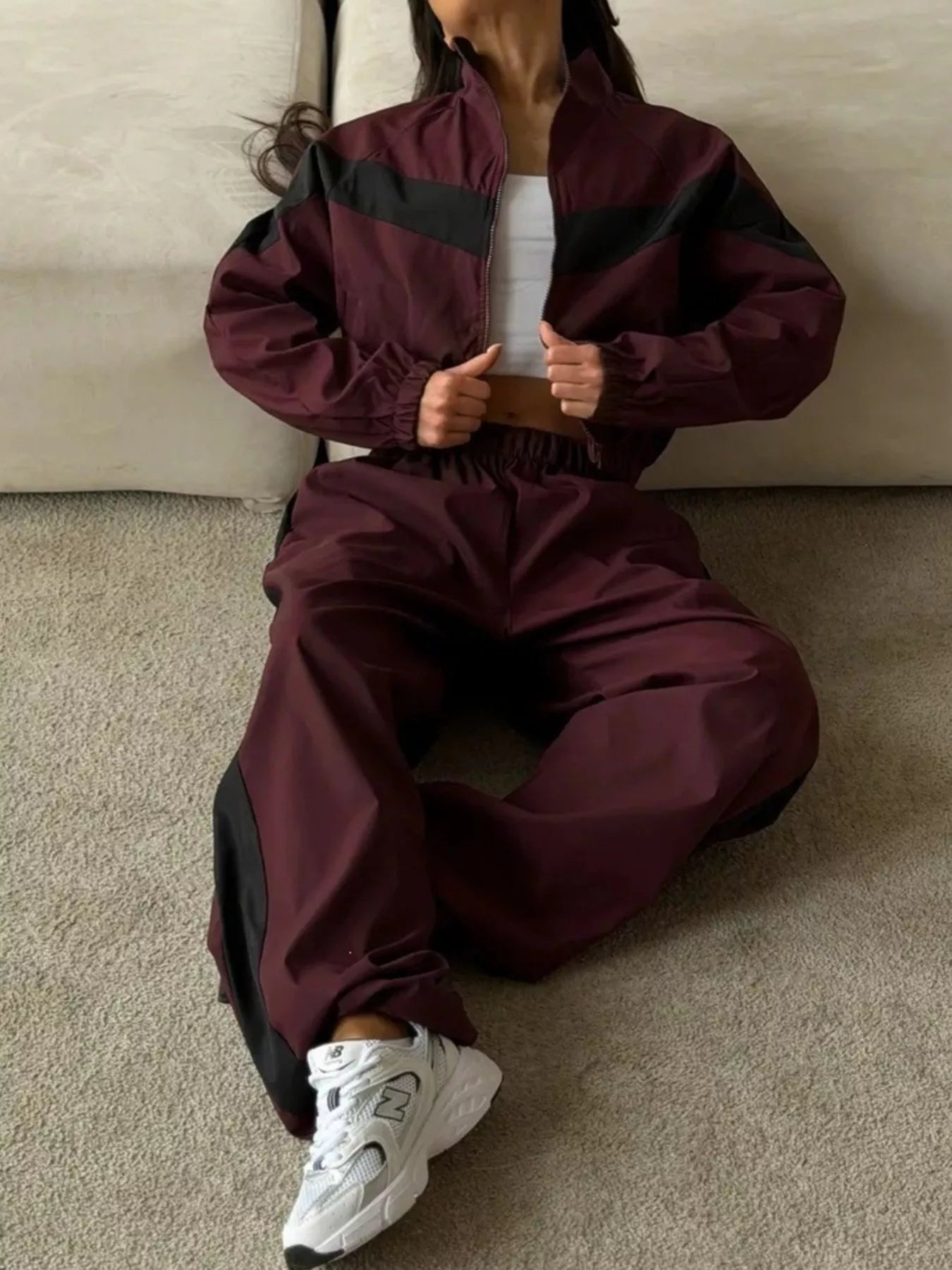 Trendsi Color Block Zip Up Outerwear and Pants Set -