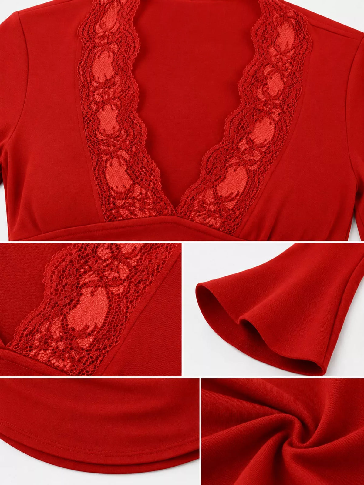 Red lace trim v-neck long sleeve slim fit t-shirt