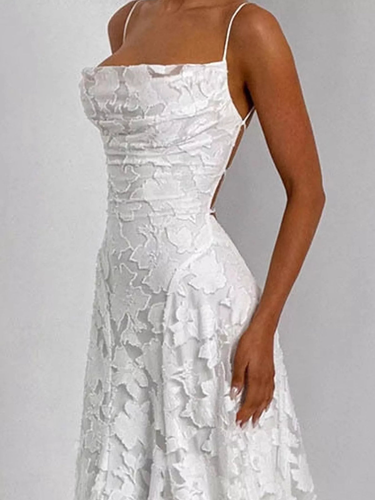 White backless lace maxi dress, side view