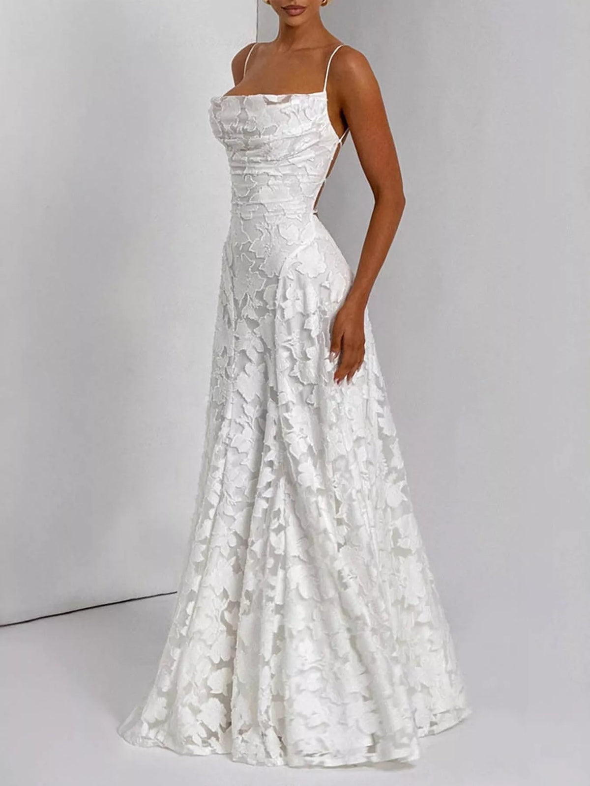 White backless lace maxi dress, front view