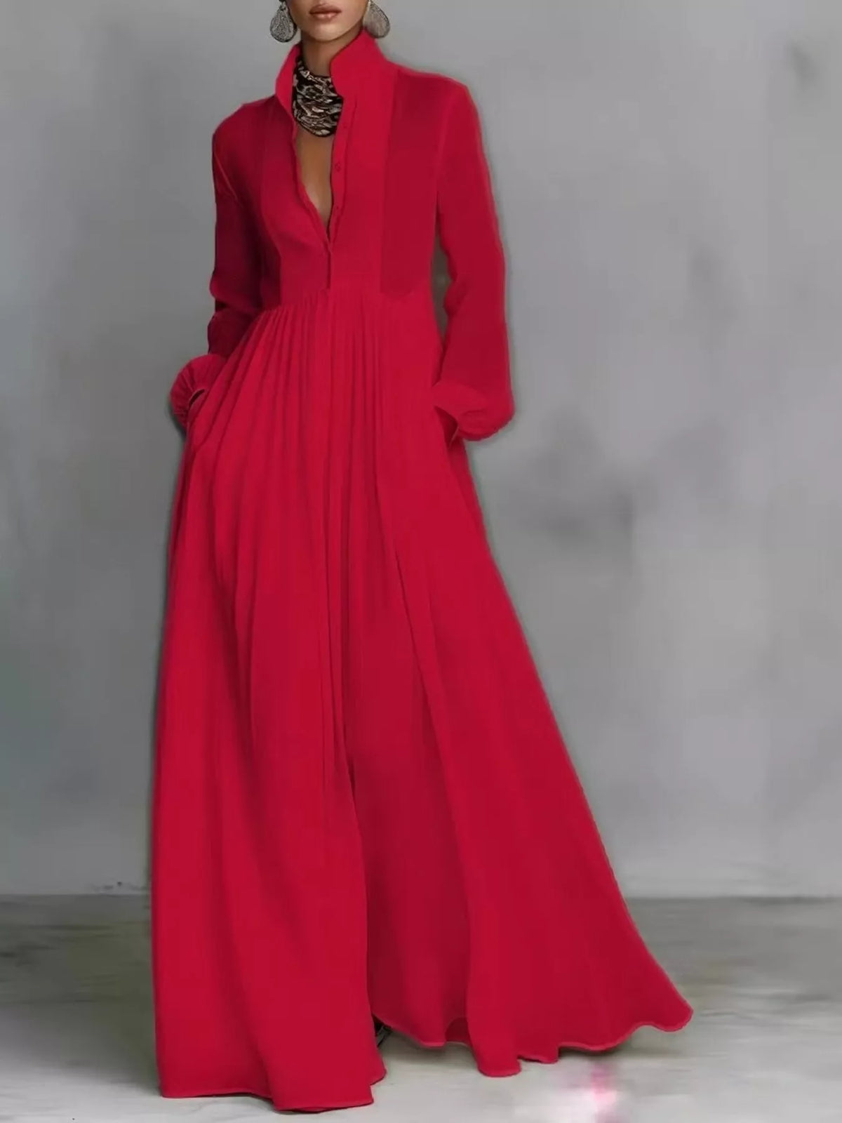 Red long sleeve button-front maxi dress
