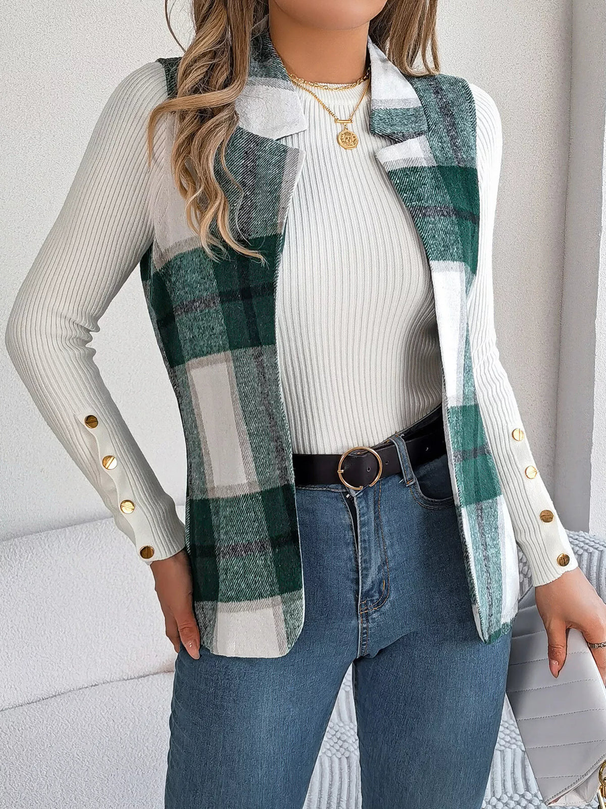 Green plaid open front vest