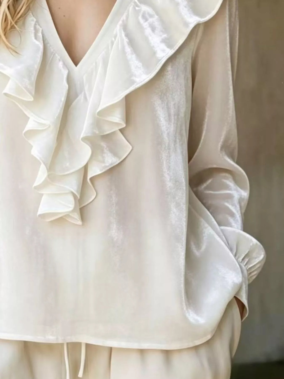 White Velvet Ruffled V-Neck Long Sleeve Blouse ruffle and sleeve detail