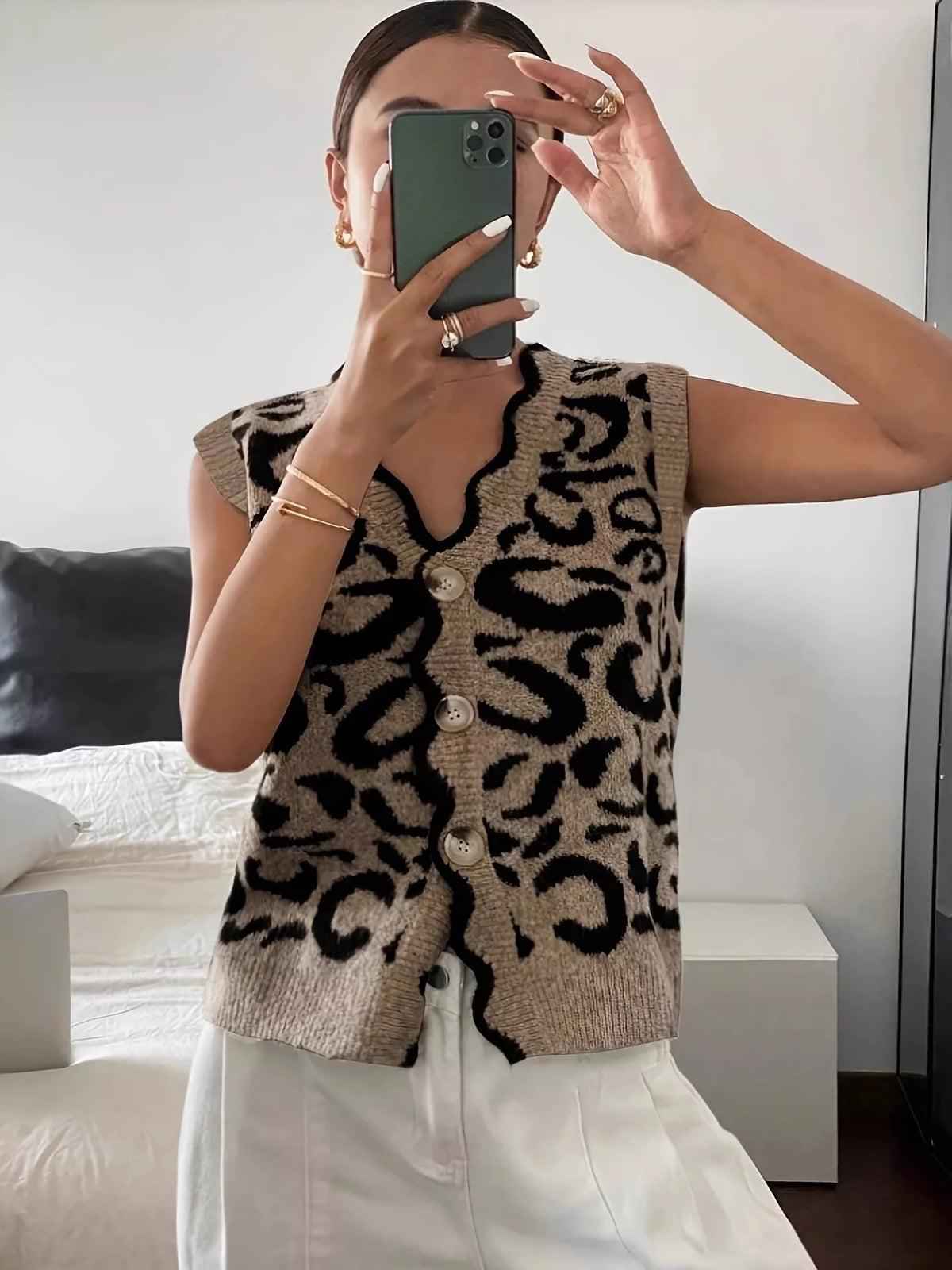 Taupe Leopard Scalloped Edge Button-Down Sweater Vest front view