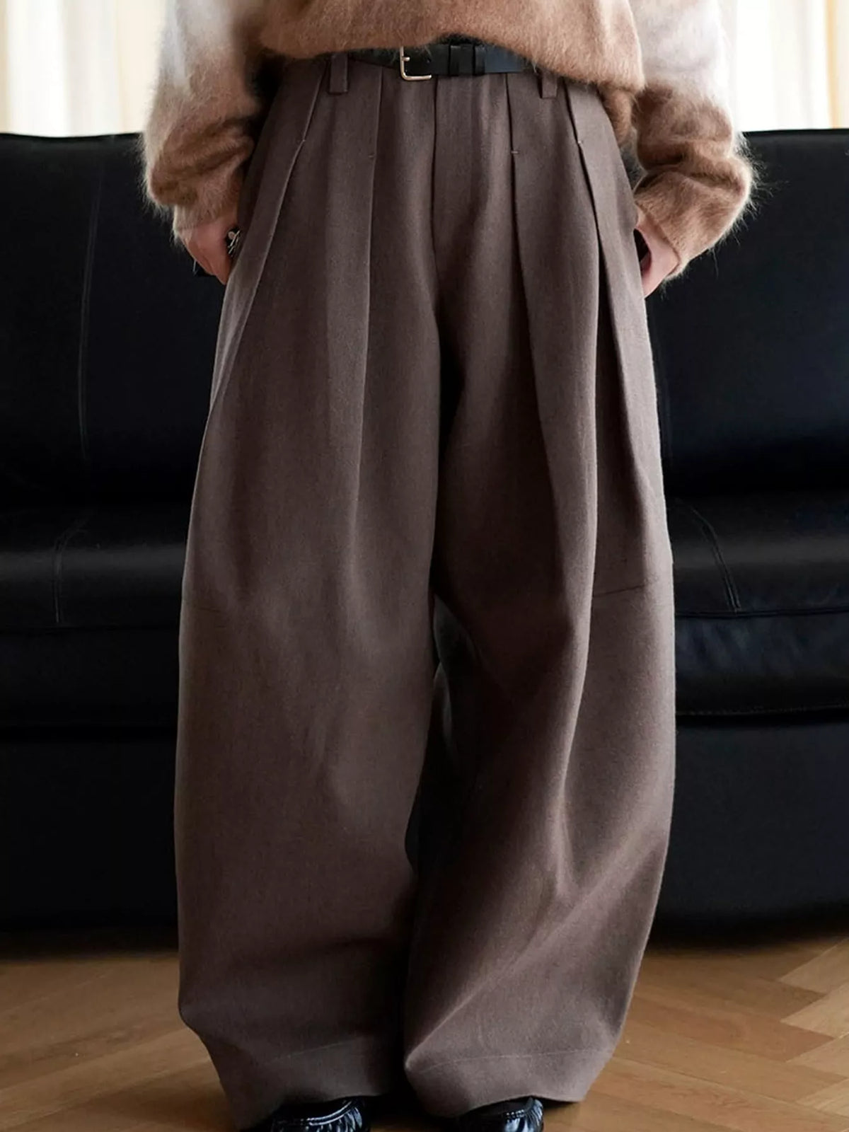 Pleated Wide-Leg Pants in brown, front view