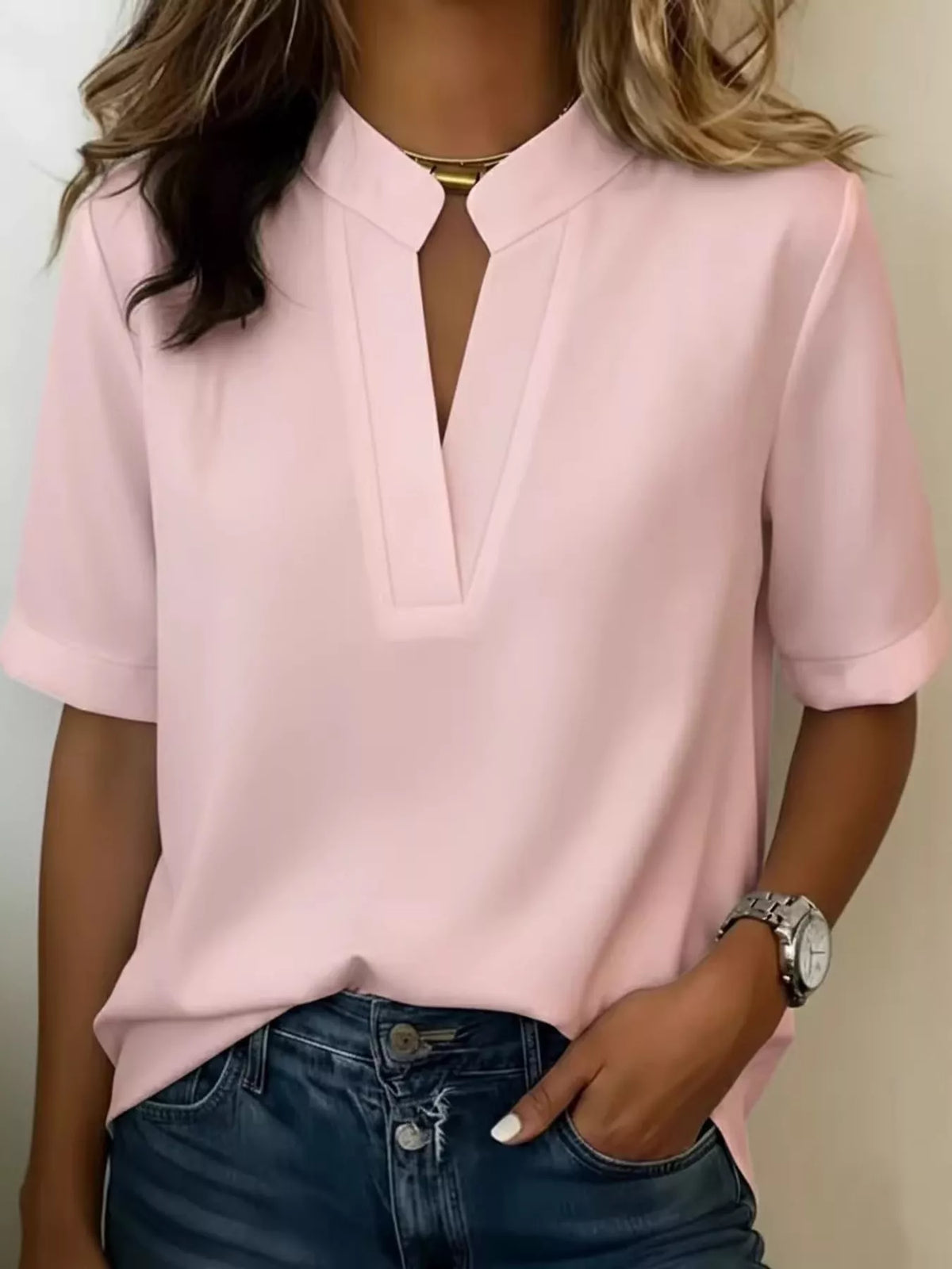 Notched-neck blouse, pink front
