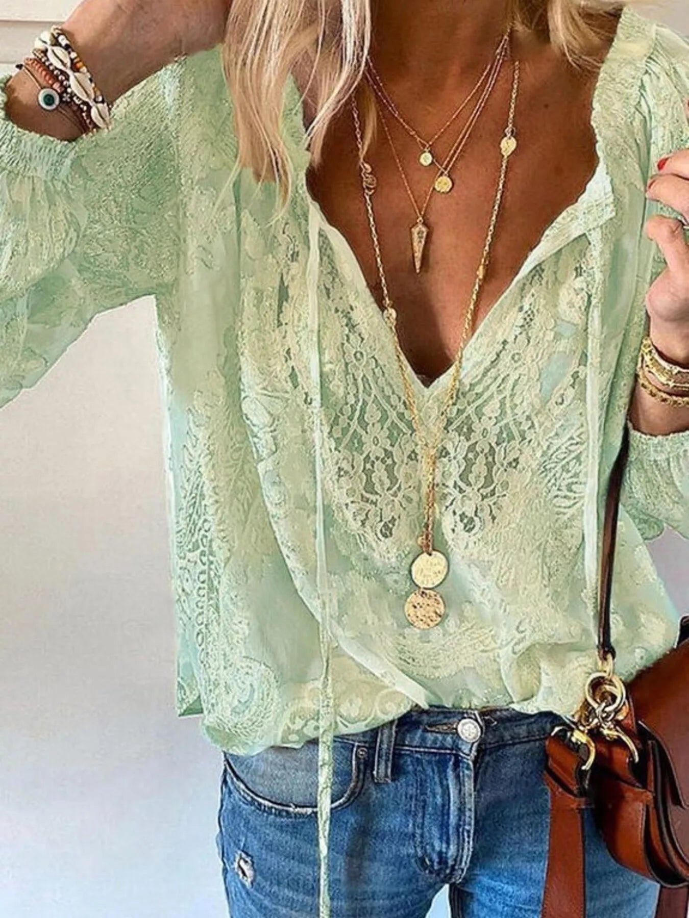Trendsi Lace Tie Neck Long Sleeve Blouse -