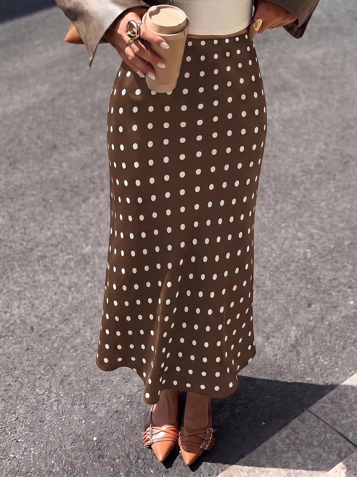 Brown and white polka dot midi skirt