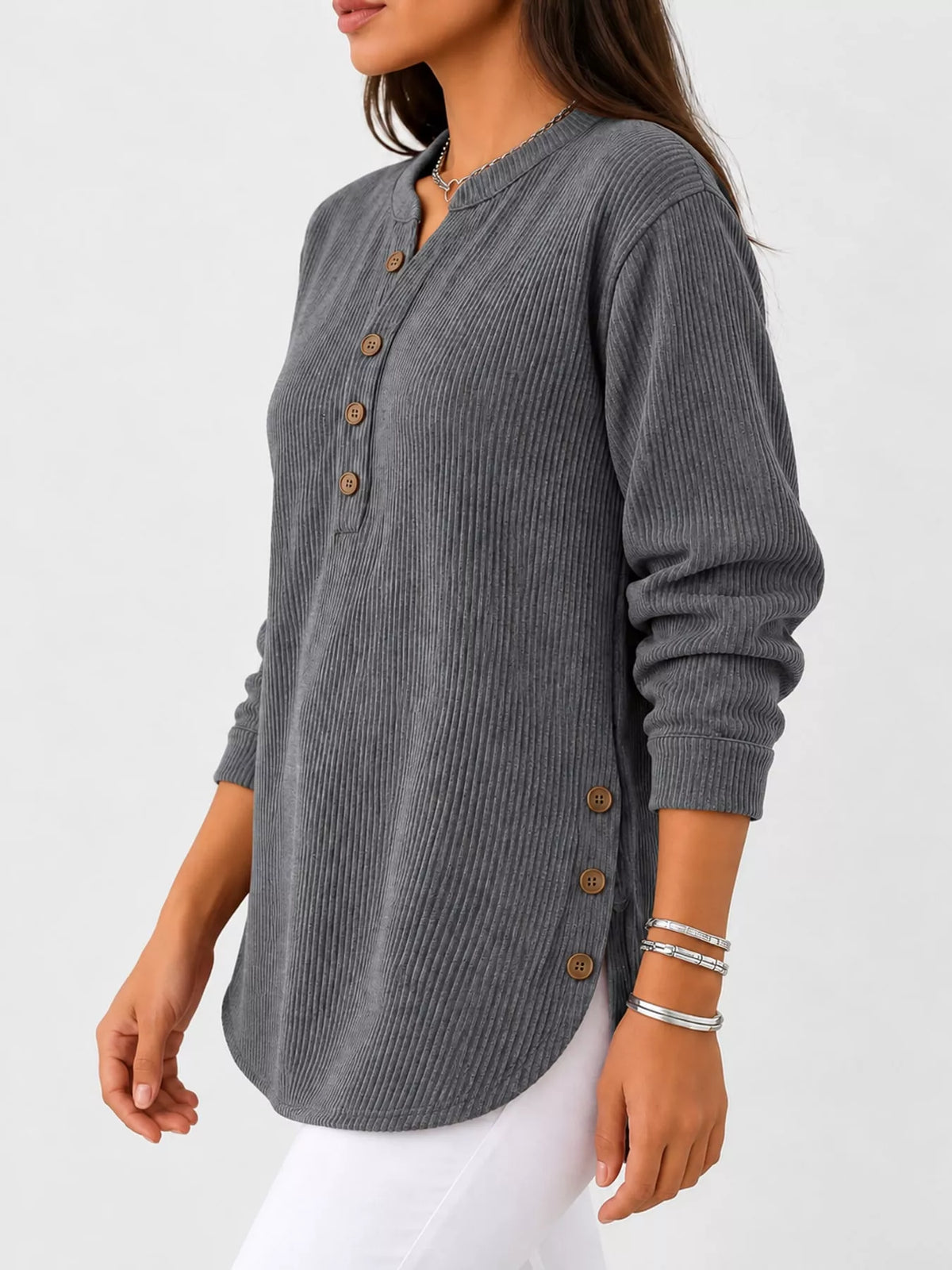 Gray button detail long sleeve top, side view