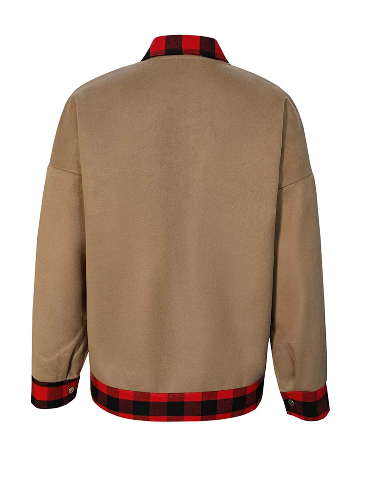 Tan plaid-trim overshirt, back, garment only