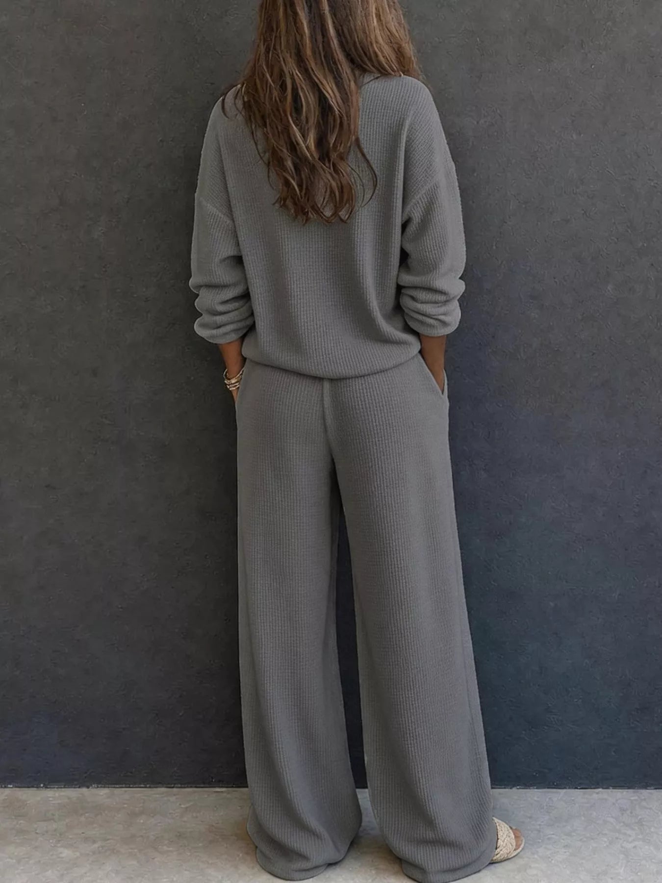 Trendsi Waffle Knit Henley Top and Wide Leg Pants Set -
